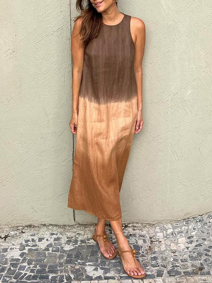 Cotton and Linen Sleeveless Slit Long Dress