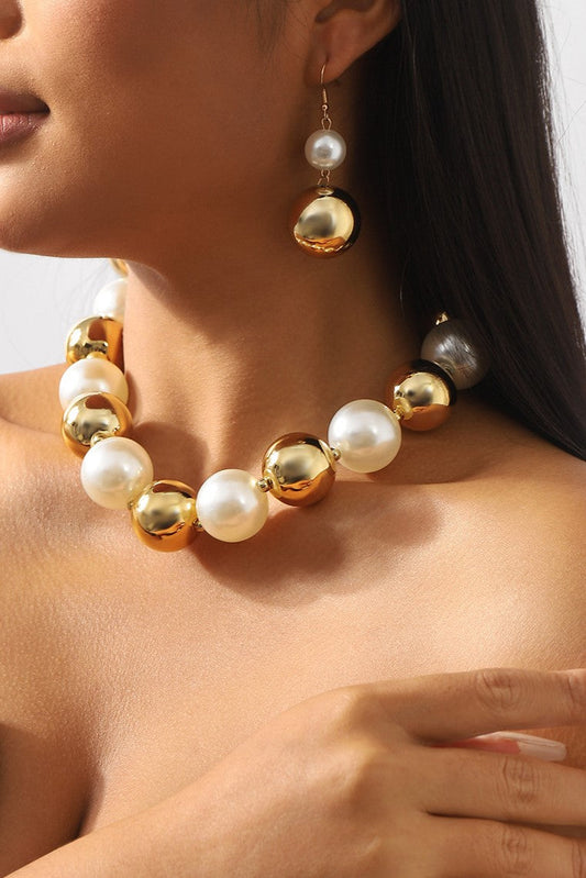 Faux Pearl Metal Ball Necklace �?earrings Set