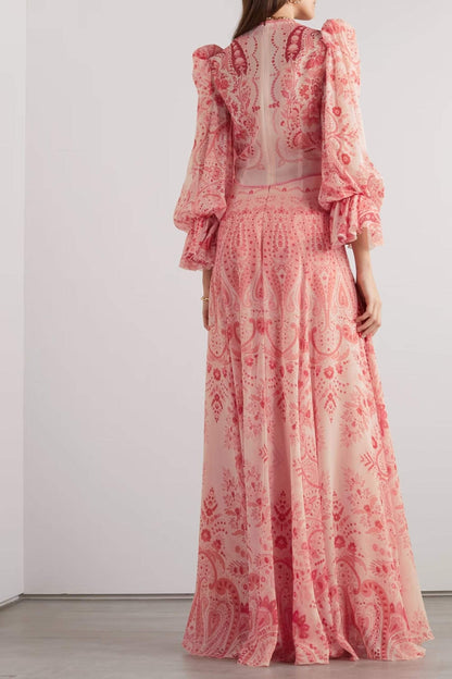 Printed Long Sleeve V-neck Lace Trim Maxi Dress