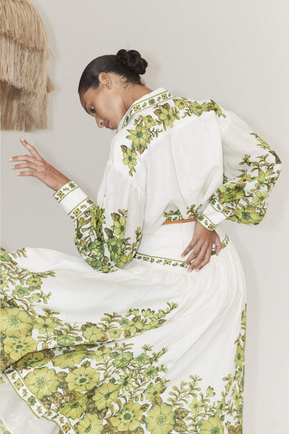 Lantern Sleeve Blouse �?high Waist Midi Skirt Set