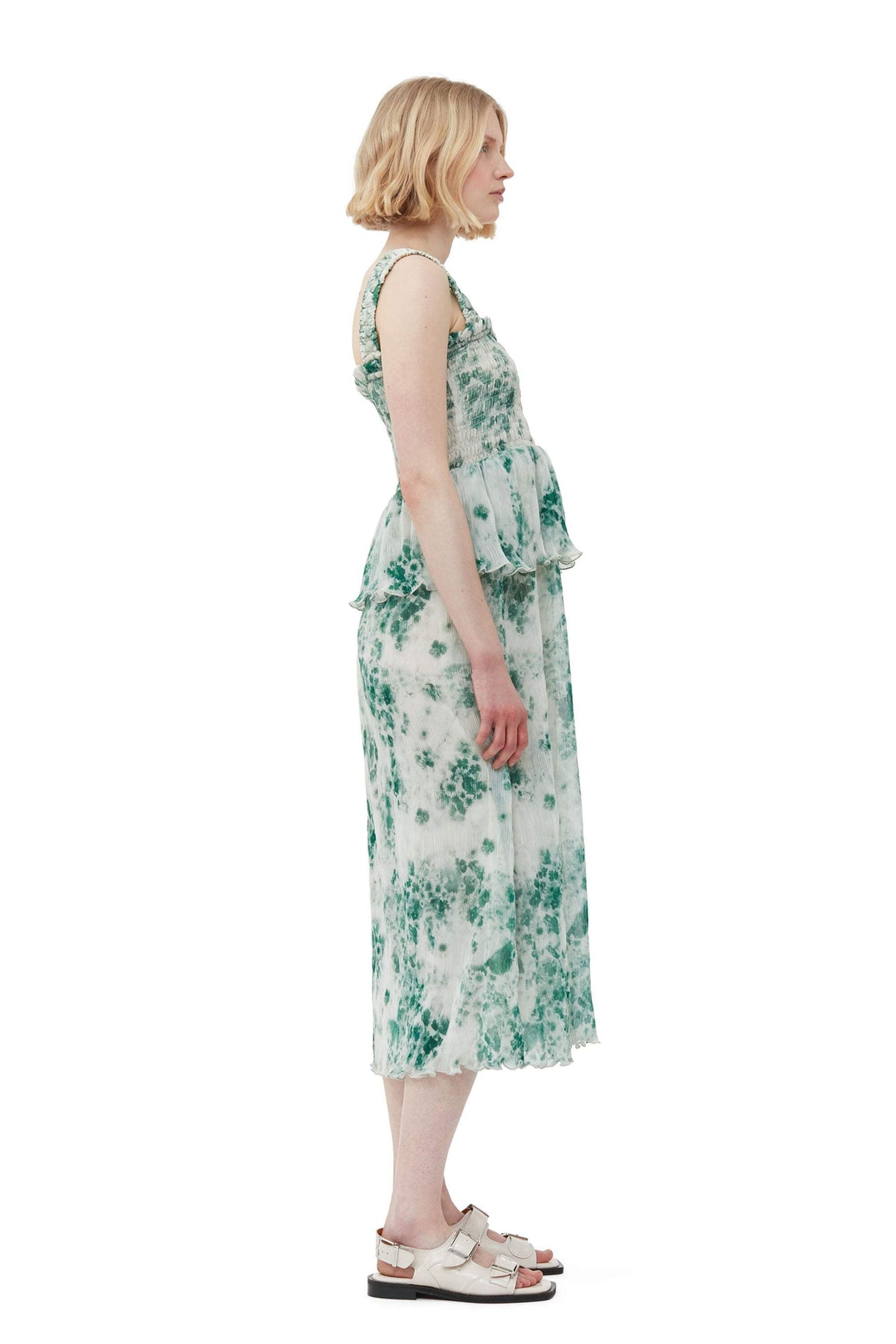 Printed Cami Square Collar Ruffle Hem Smocked Elastic Midi Dress