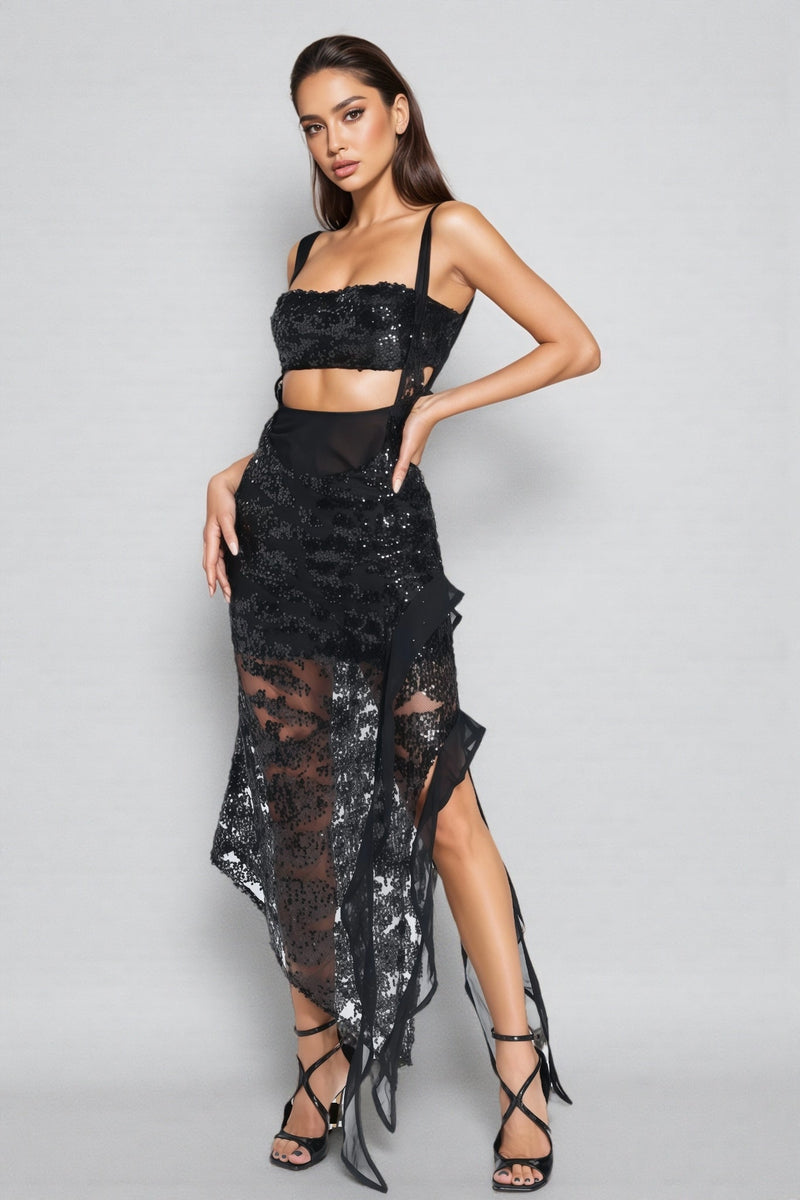 Iris Ruffle Sequin Mesh Midi Dress