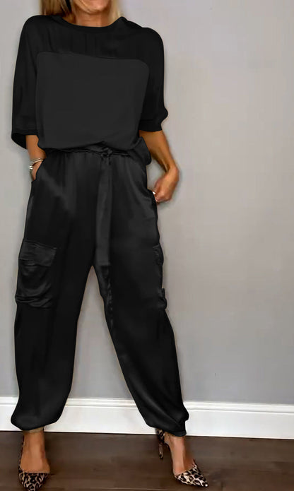 Smooth Satin Half-sleeved Top and Pant Suit Two-piece