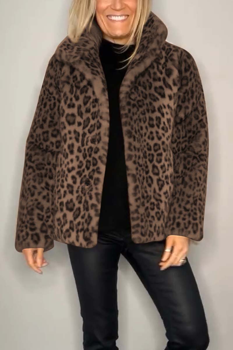 Fashionable Leopard Print Lapel Faux Fur Winter Short Coat