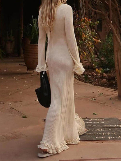 Trumpet Sleeves Rolled Hem Knitted Round Neck Maxi Dress