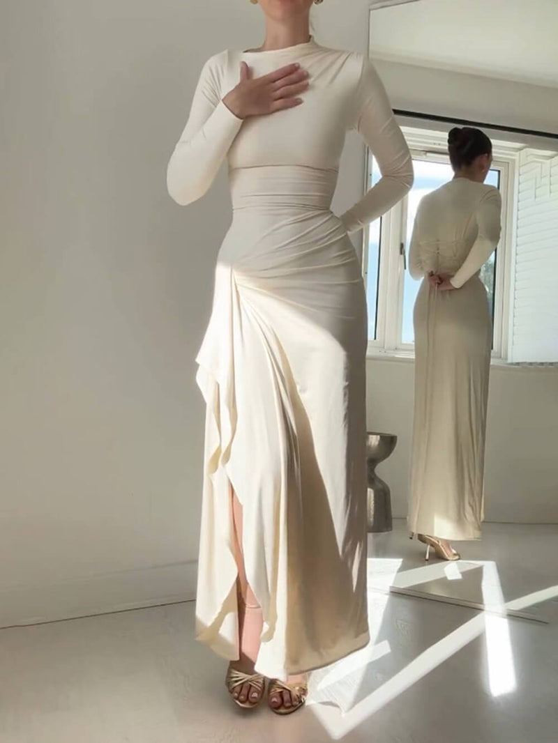 Ruched Side Slit Drape Ruffles Back Lace-up Stretch Maxi Dress