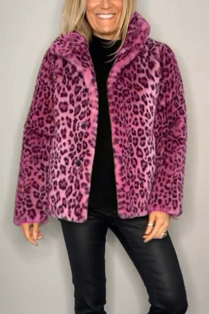 Fashionable Leopard Print Lapel Faux Fur Winter Short Coat