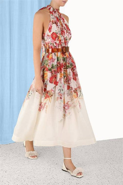 Sleeveless Pleated Halter Neck Midi Dress