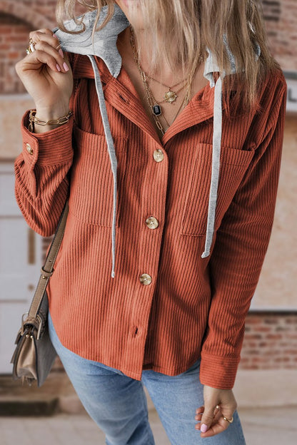 Lapel Button Cardigan Pocket Hood Drawstring Striped Jacket