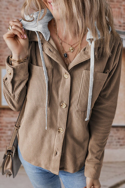 Lapel Button Cardigan Pocket Hood Drawstring Striped Jacket