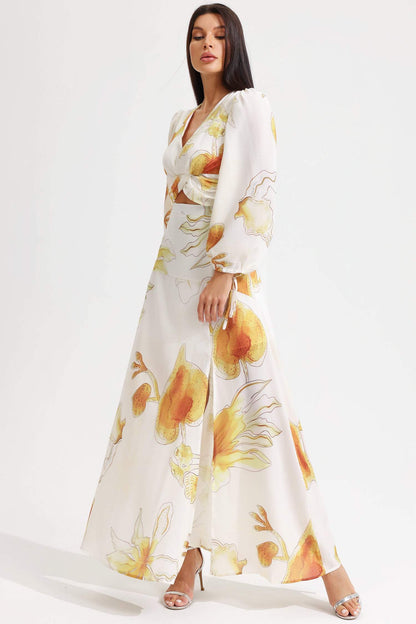 Printed Lantern Sleeve V-neck Cut-out Midi Dress White