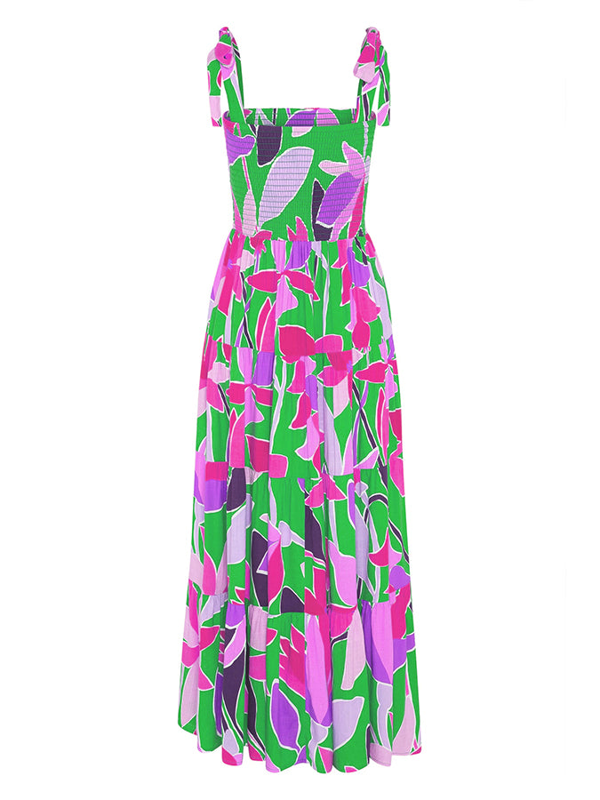 Leaves Printed Tie-shoulder Sleeveless Holiday Maxi Dress