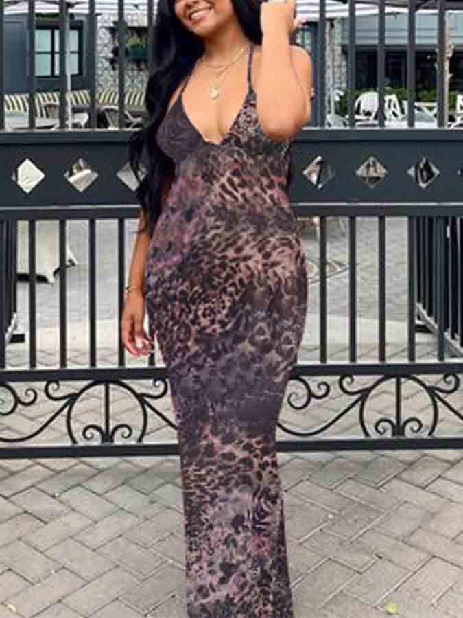 Backless Halter Printed Slim Maxi Dress