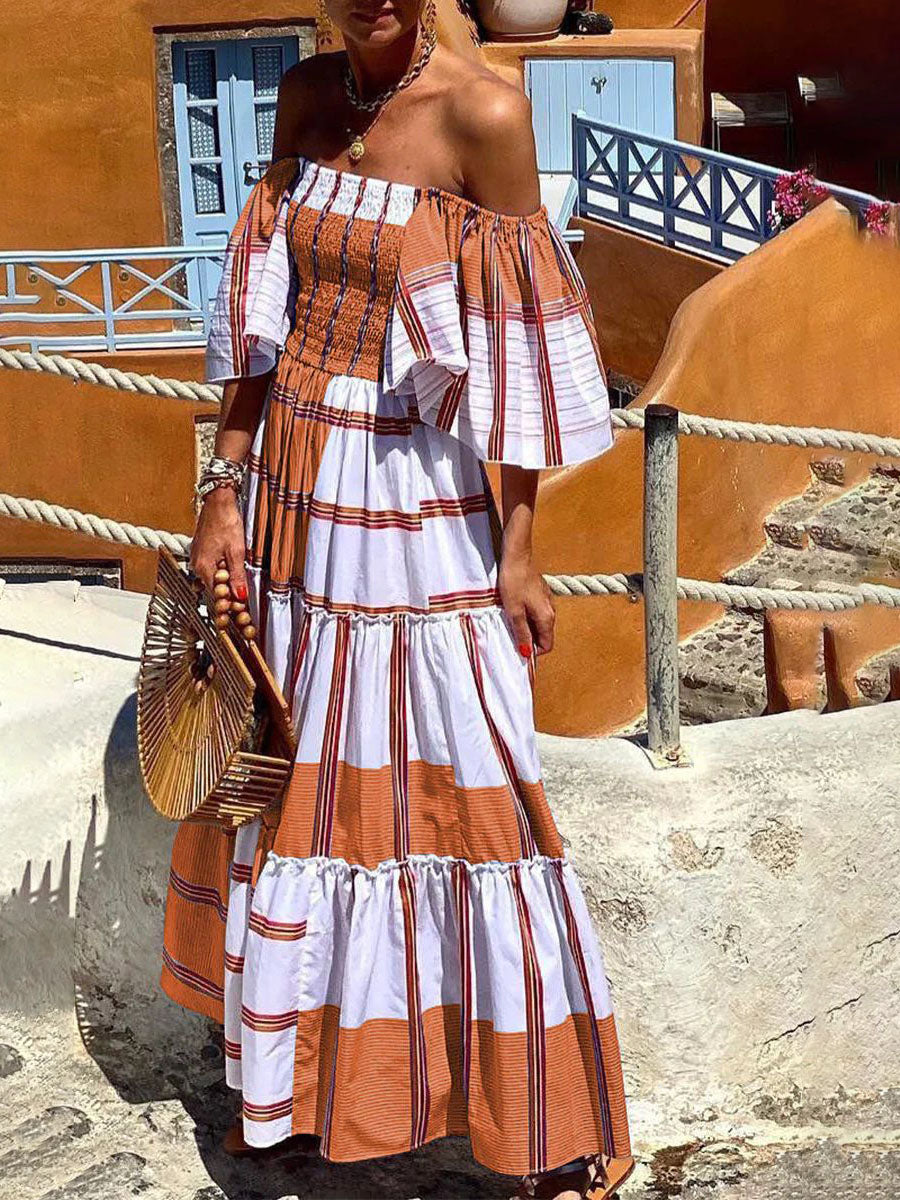 Off Shoulder Ruffle Sleeves Stripes Swing Maxi Dress