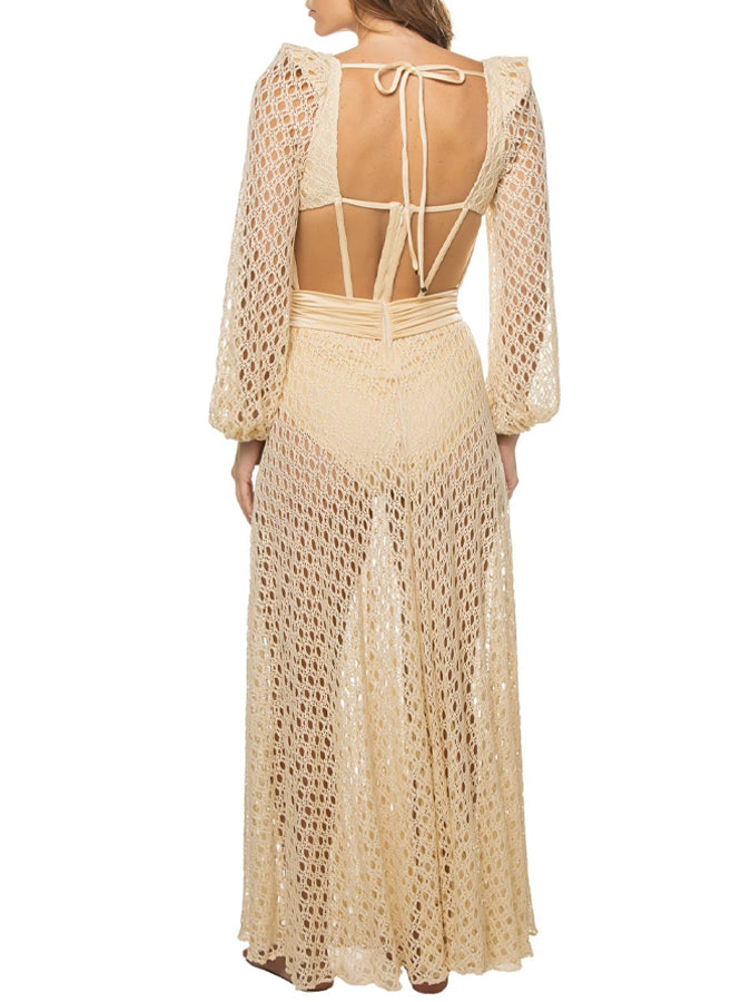 Natural Cutout Stretch-jersey and Crochet-knit Maxi Dress