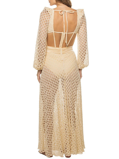 Natural Cutout Stretch-jersey and Crochet-knit Maxi Dress