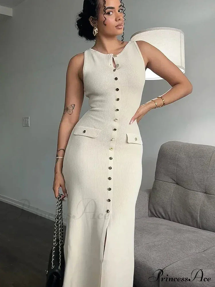 Knit Buttoned Stylish Midi Dress