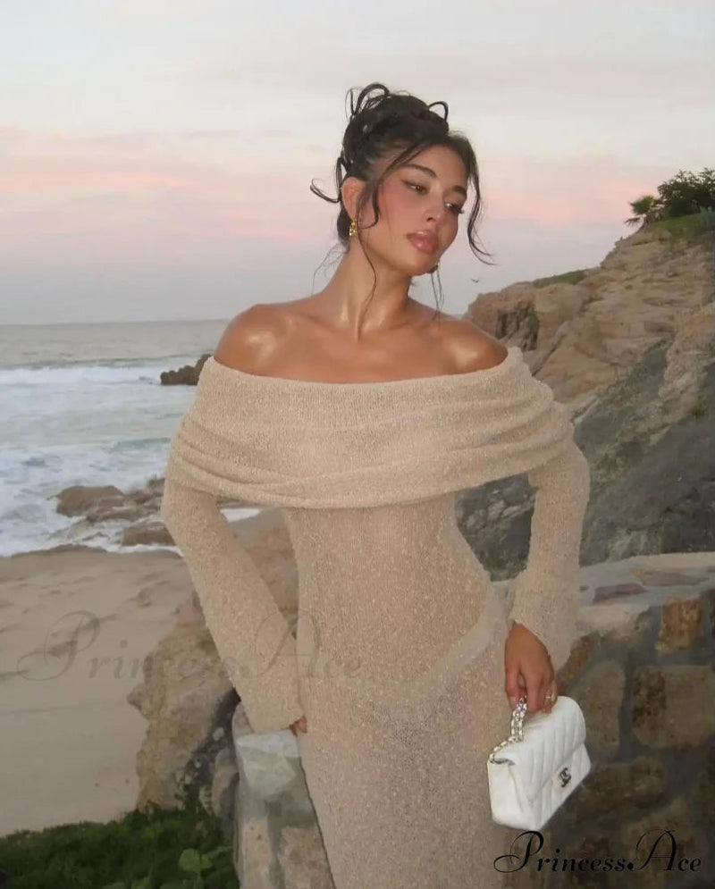 Knit Off-shoulder Long Sleeve Maxi Dress