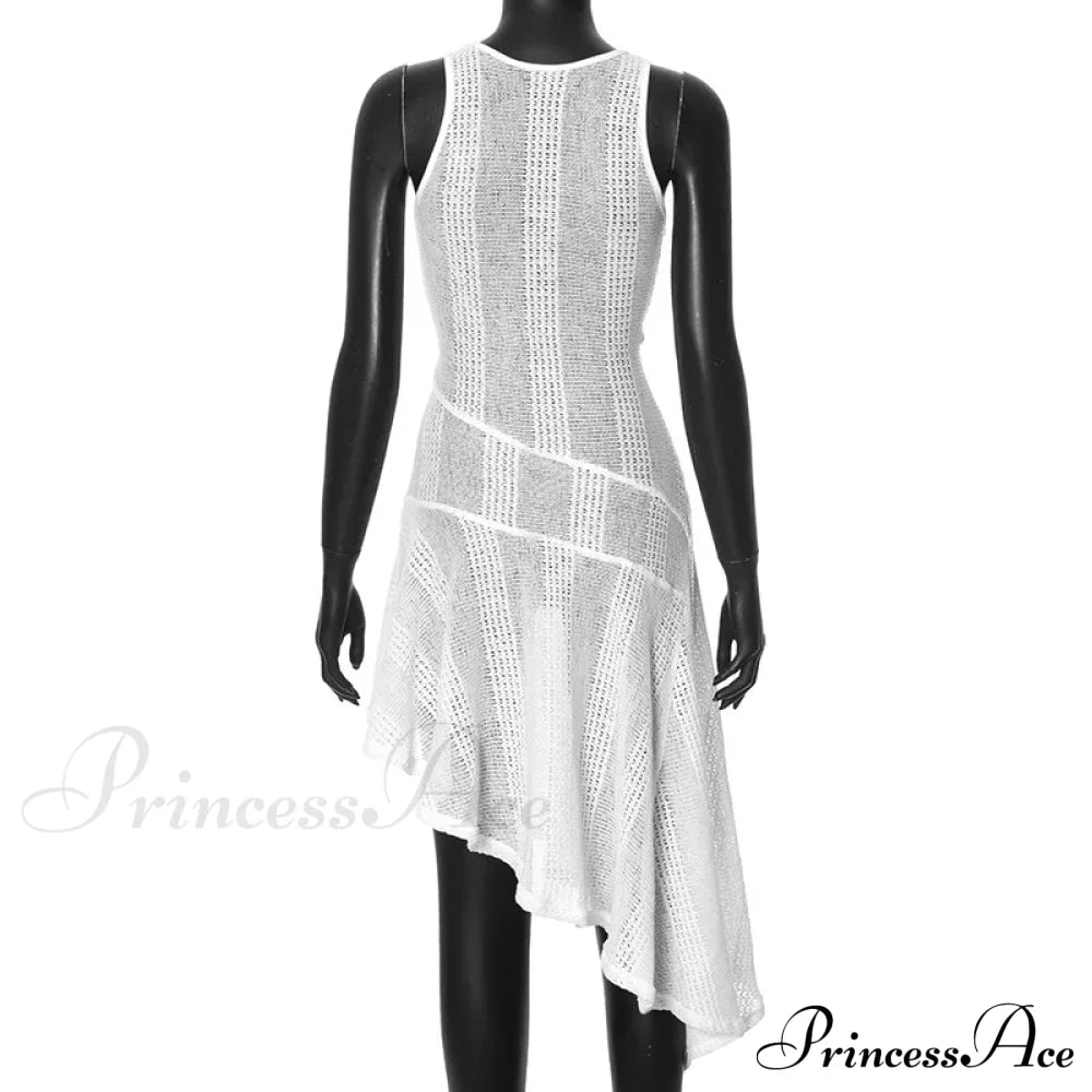 Knit White Asymmetrical Charming Tank Midi Dress