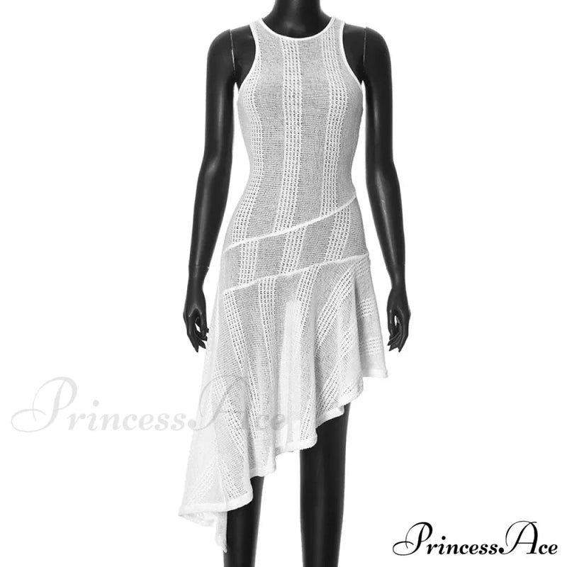 Knit White Asymmetrical Charming Tank Midi Dress