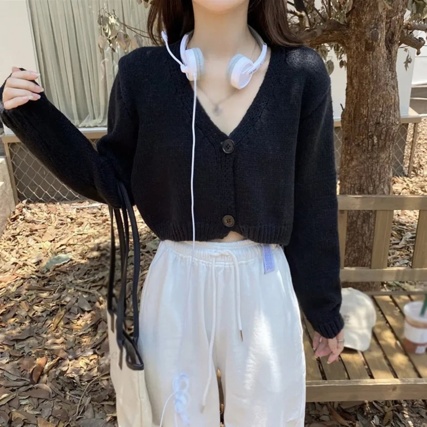 Knitted Cropped Korean V-neck Y2k Cardigan