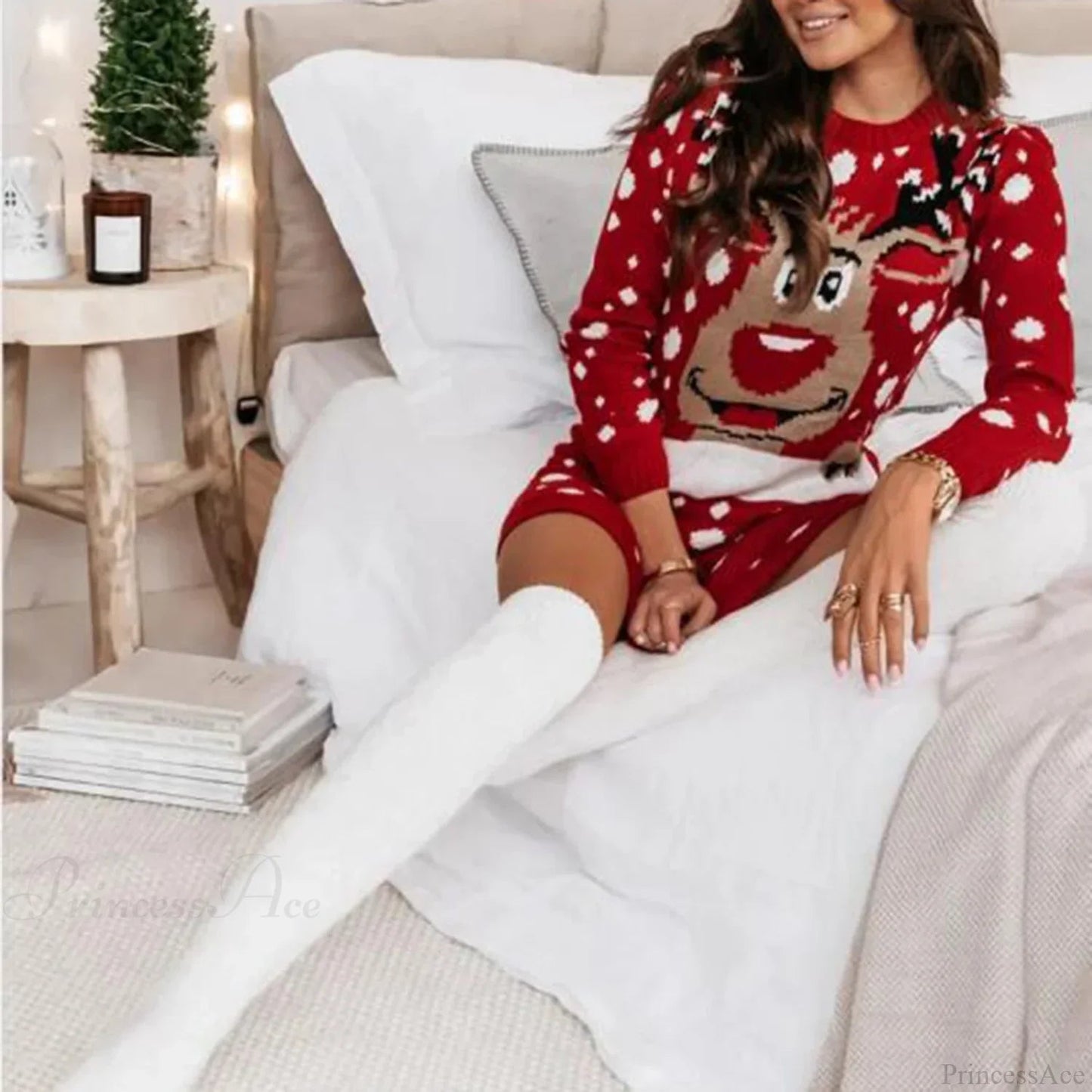 Knitted Long Sleeve Jacquard Red Crochet Christmas Christmas Sweater