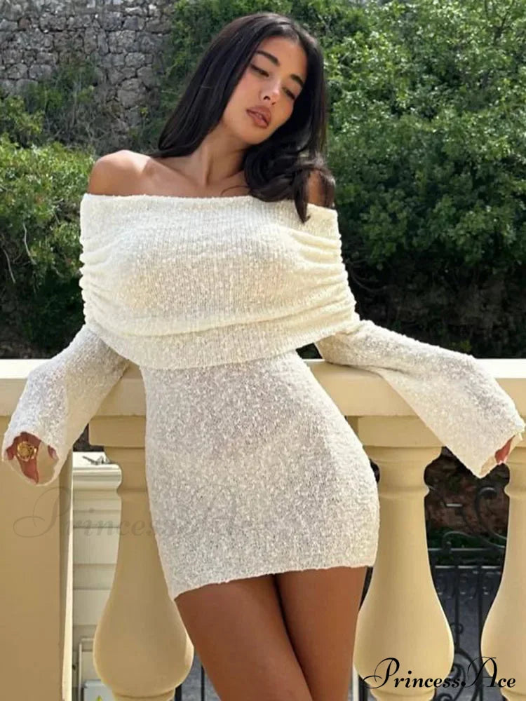 Knitted Off-shoulder Long Charming Sleeve Mini Dress
