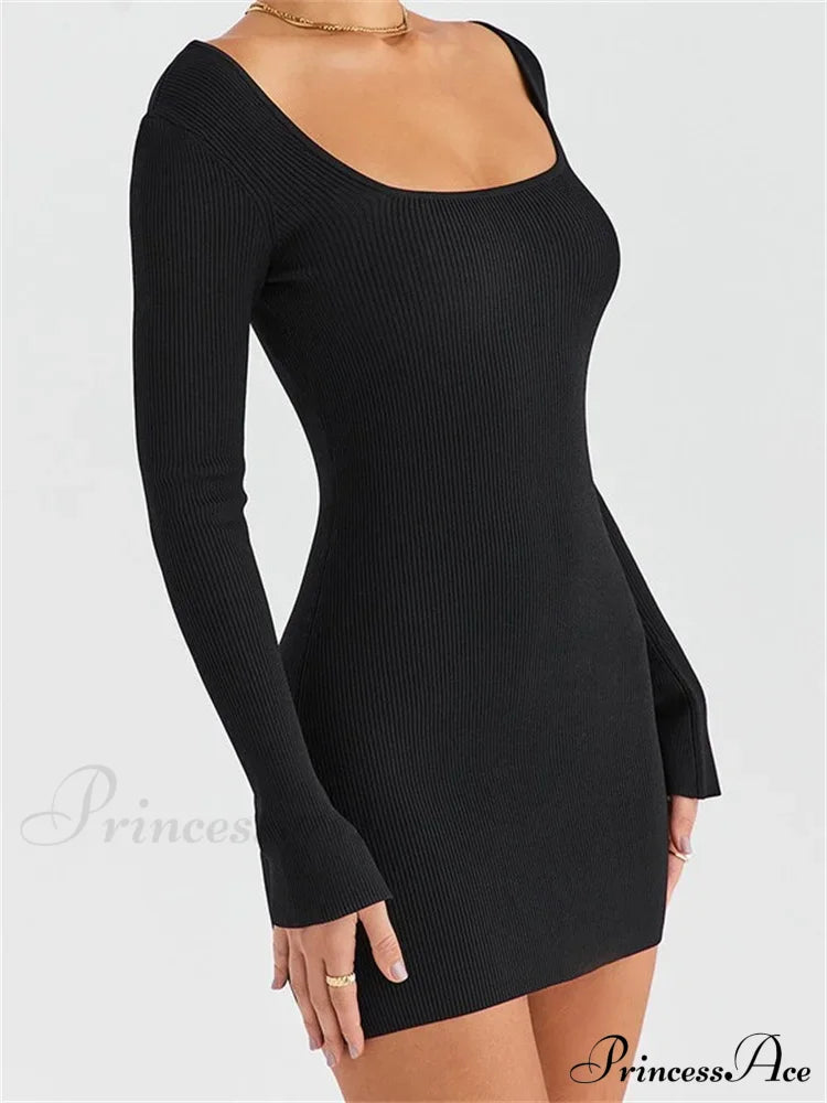 Knitted Ribbed Party Long Sleeve Square Neck Mini Dress