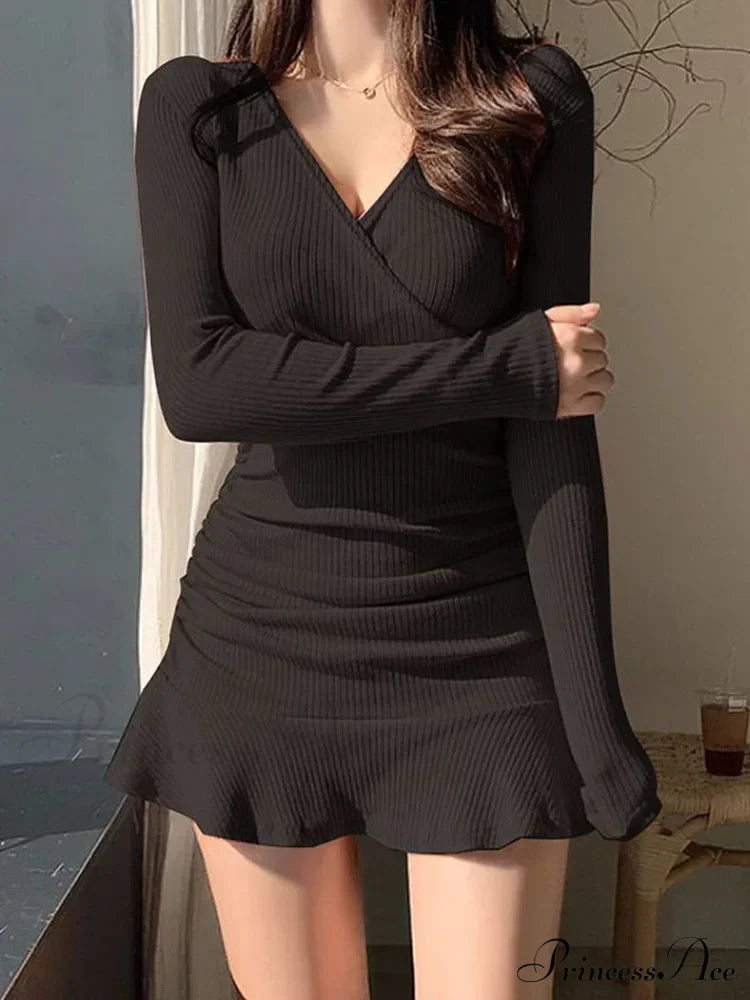 Knitted Ribbed V Neck Long Sleeve Mini Dress