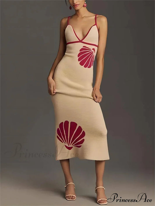 Knitted Suspender Halterneck V-neck Graceful Backless Midi Dress