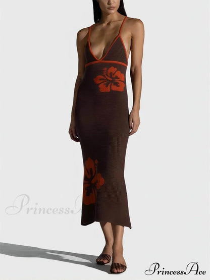 Knitted Suspender Halterneck V-neck Graceful Backless Midi Dress
