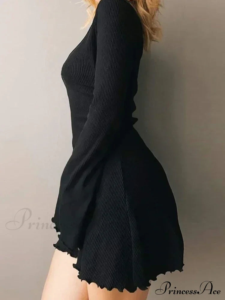 Knitting V Neck Hem Mini Dress