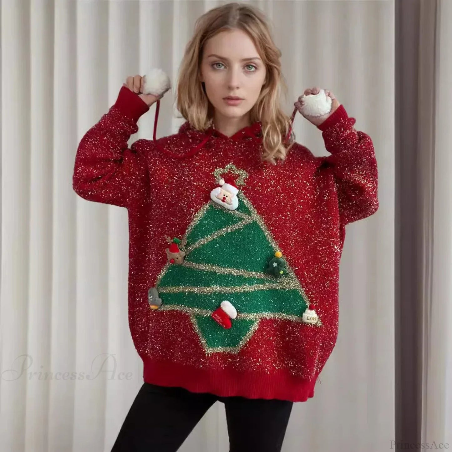 Korea Style Christmas Tree Hooded Loose Ugly Knitwear Christmas Sweater