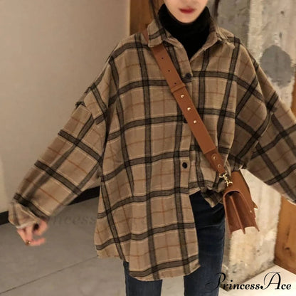 Korean Flannel Plaid Boyfriend Oversized Blouse for Autumn Street Tunic Shirts Blouse Tops