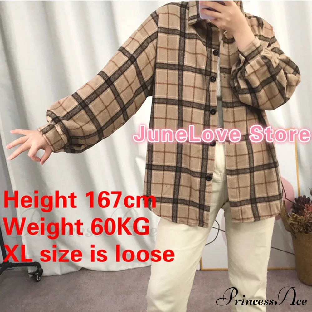 Korean Flannel Plaid Boyfriend Oversized Blouse for Autumn Street Tunic Shirts Blouse Tops