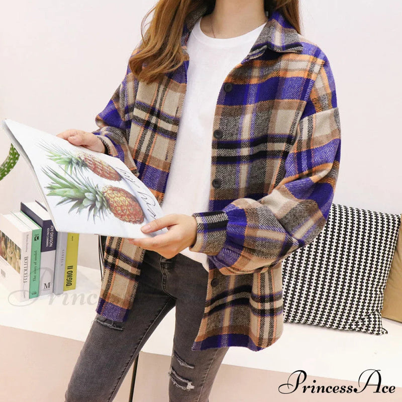 Korean Flannel Plaid Boyfriend Oversized Blouse for Autumn Street Tunic Shirts Blouse Tops