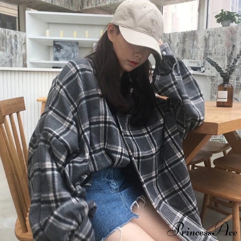 Korean Flannel Plaid Boyfriend Oversized Blouse for Autumn Street Tunic Shirts Blouse Tops