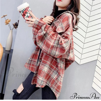 Korean Flannel Plaid Boyfriend Oversized Blouse for Autumn Street Tunic Shirts Blouse Tops