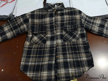 Korean Flannel Plaid Boyfriend Oversized Blouse for Autumn Street Tunic Shirts Blouse Tops