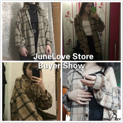 Korean Flannel Plaid Boyfriend Oversized Blouse for Autumn Street Tunic Shirts Blouse Tops