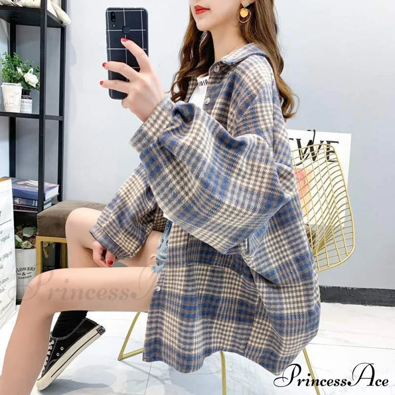 Korean Flannel Plaid Boyfriend Oversized Blouse for Autumn Street Tunic Shirts Blouse Tops