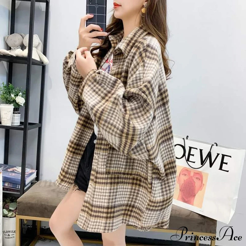 Korean Flannel Plaid Boyfriend Oversized Blouse for Autumn Street Tunic Shirts Blouse Tops