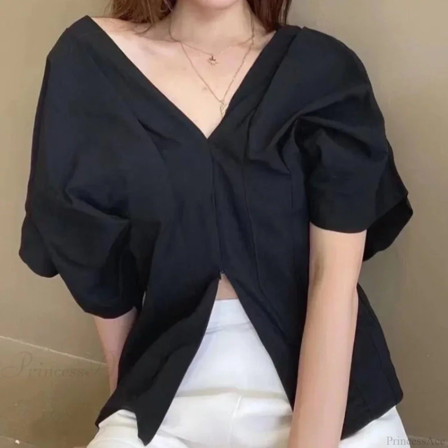Korean Ruffle Design V-neck Short Sleeve Blouse