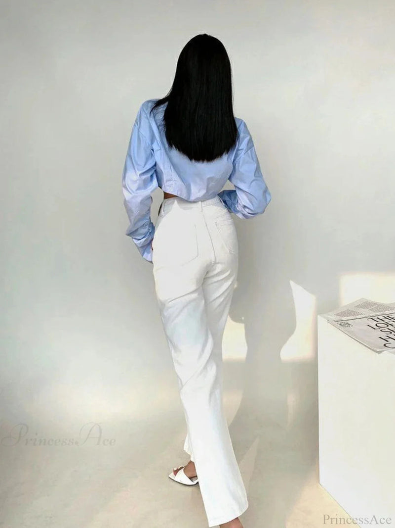 Korean Style Long Sleeve Button Crop Blouse