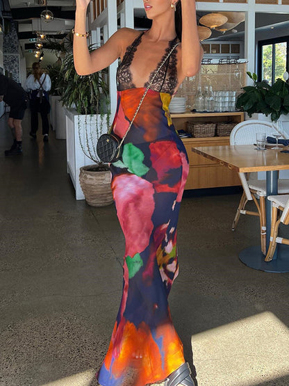 See-through Backless Deep V Lace Splicing Printed Suspender Long Dress