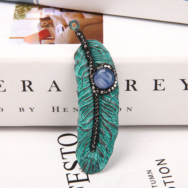 Kyanite Metal Feather Pendant for Spiritual Protection