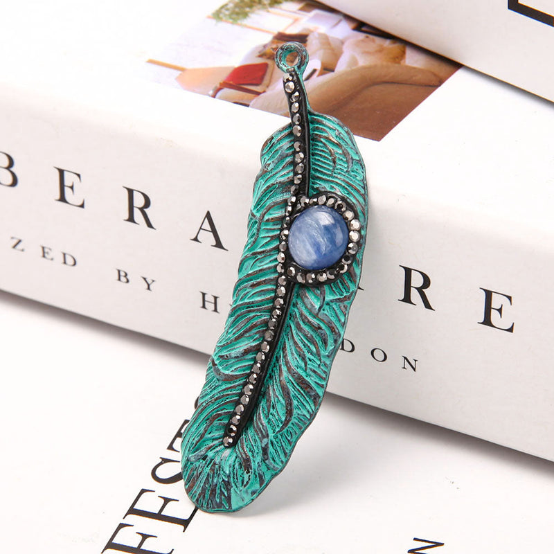 Kyanite Metal Feather Pendant for Spiritual Protection