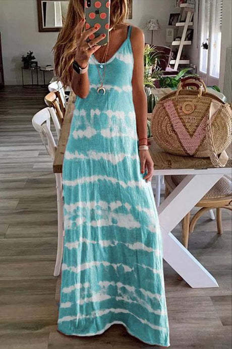 Chicindress V Neck Spaghetti Strap Tie-dye Maxi Dress(3 Colors)