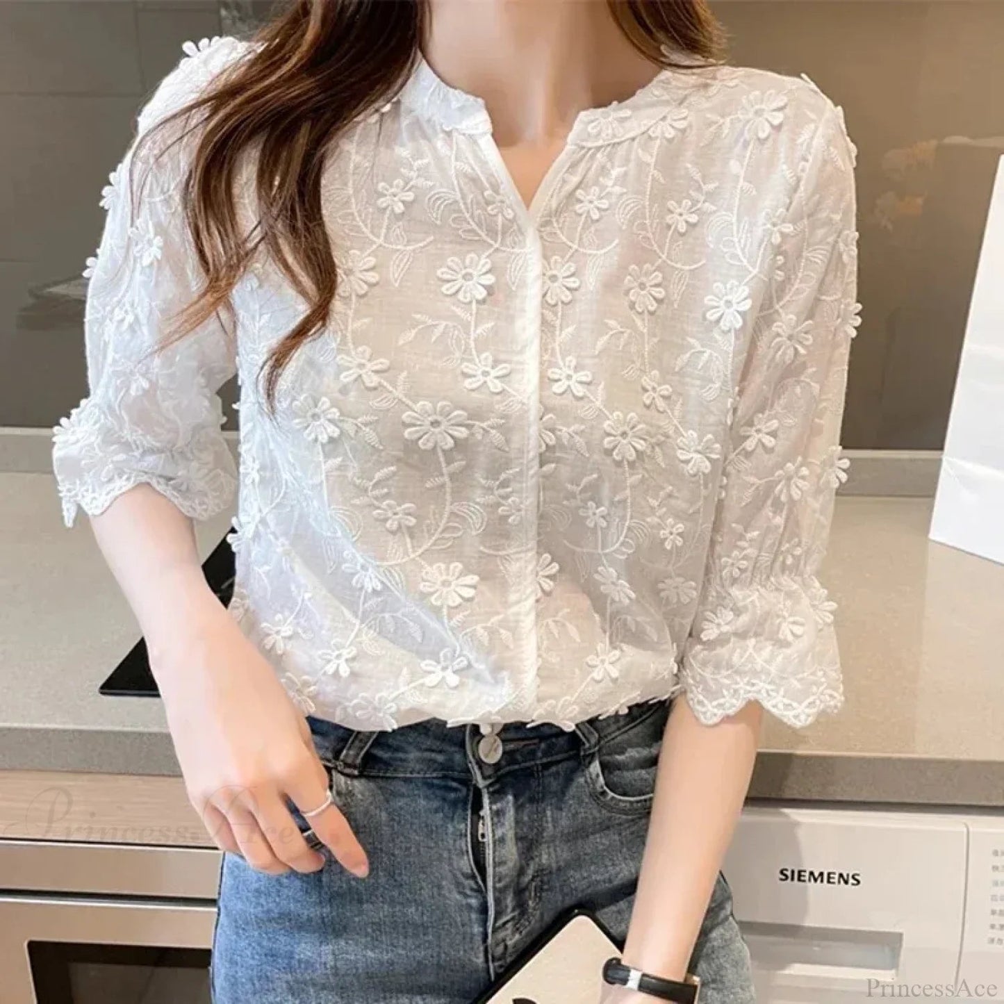 Lace Embroidered Short Sleeve White Blouse