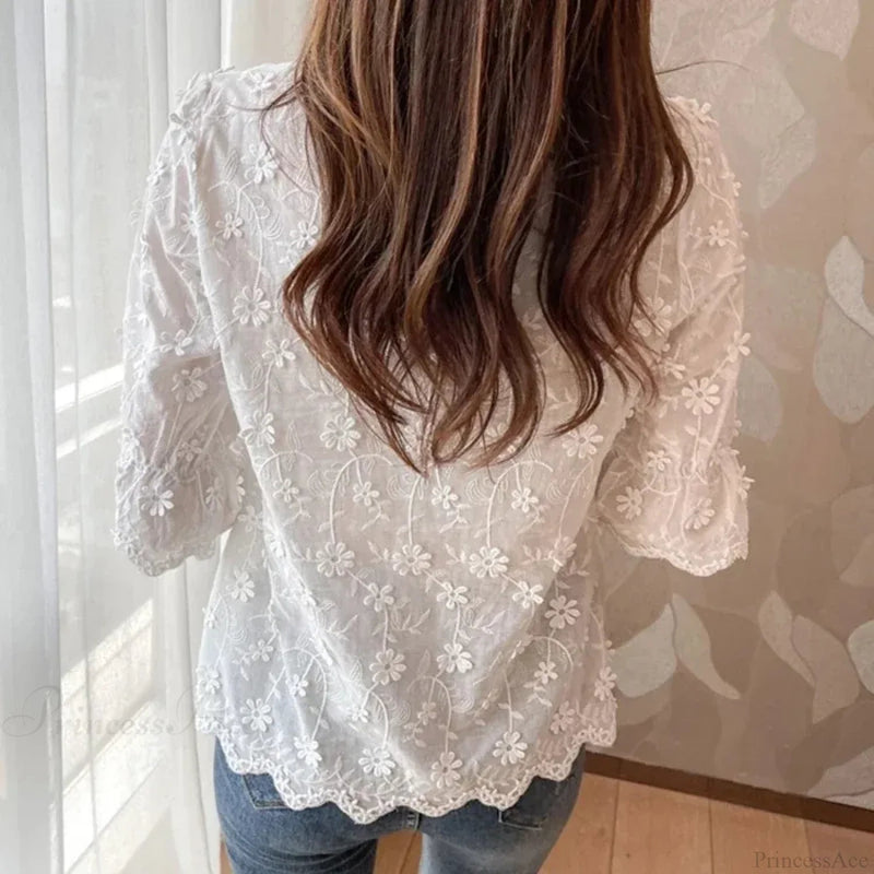 Lace Embroidered Short Sleeve White Blouse